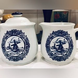 Blue Delft Ceramic Sugar Creamer
Set with Lid Marked Japan Vintage
